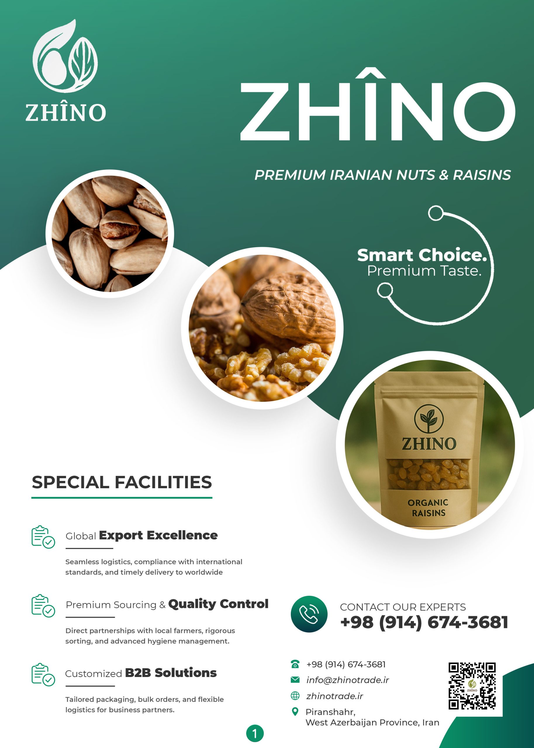 Zhino Trade Catalog – Cover Page with Persian Raisins and Nuts Export