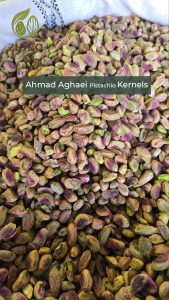 Slender, high-quality Ahmad Aghaei pistachio kernels, known for their sweet taste and crunch.